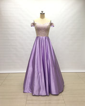 Load image into Gallery viewer, Off the Shoulder Lilac Satin Long Prom Dress Beaded Bodice