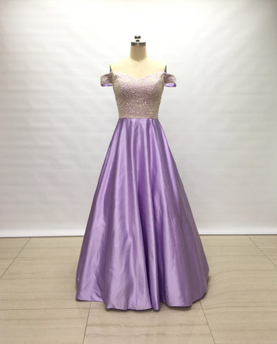 Off the Shoulder Lilac Satin Long Prom Dress Beaded Bodice