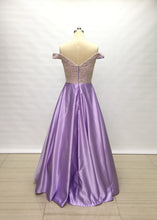 Load image into Gallery viewer, Off the Shoulder Lilac Satin Long Prom Dress Beaded Bodice