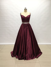 Load image into Gallery viewer, Spaghetti Straps Burgundy Satin Long Prom Dress Beaded Belt