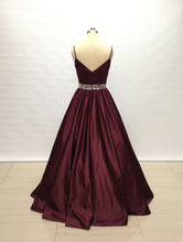 Load image into Gallery viewer, Spaghetti Straps Burgundy Satin Long Prom Dress Beaded Belt