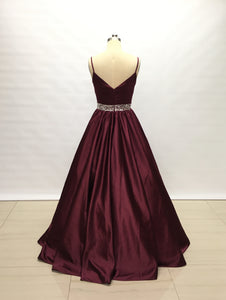 Spaghetti Straps Burgundy Satin Long Prom Dress Beaded Belt