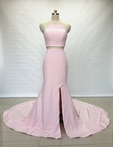 Two Piece Blush Pink Elastic Satin Long Prom Dress with Slit