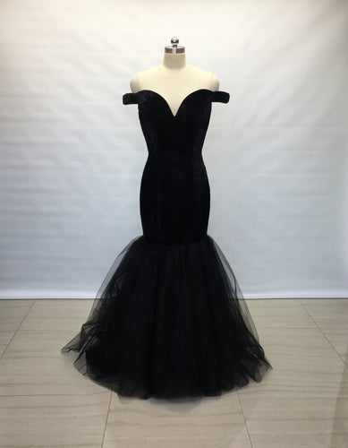 Off the Shoulder Black Velvet Tulle Long Prom Dress Mermaid