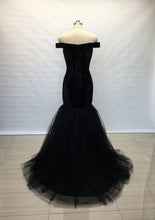 Load image into Gallery viewer, Off the Shoulder Black Velvet Tulle Long Prom Dress Mermaid