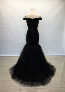 Off the Shoulder Black Velvet Tulle Long Prom Dress Mermaid