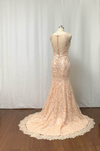 Mermaid V neck Light Peach Lace Long Prom Dress