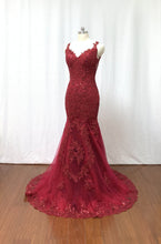 Load image into Gallery viewer, Mermaid V neck Burgundy Lace Long Prom Dress