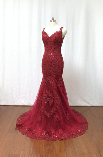 Mermaid V neck Burgundy Lace Long Prom Dress