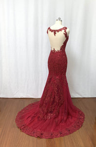 Mermaid V neck Burgundy Lace Long Prom Dress