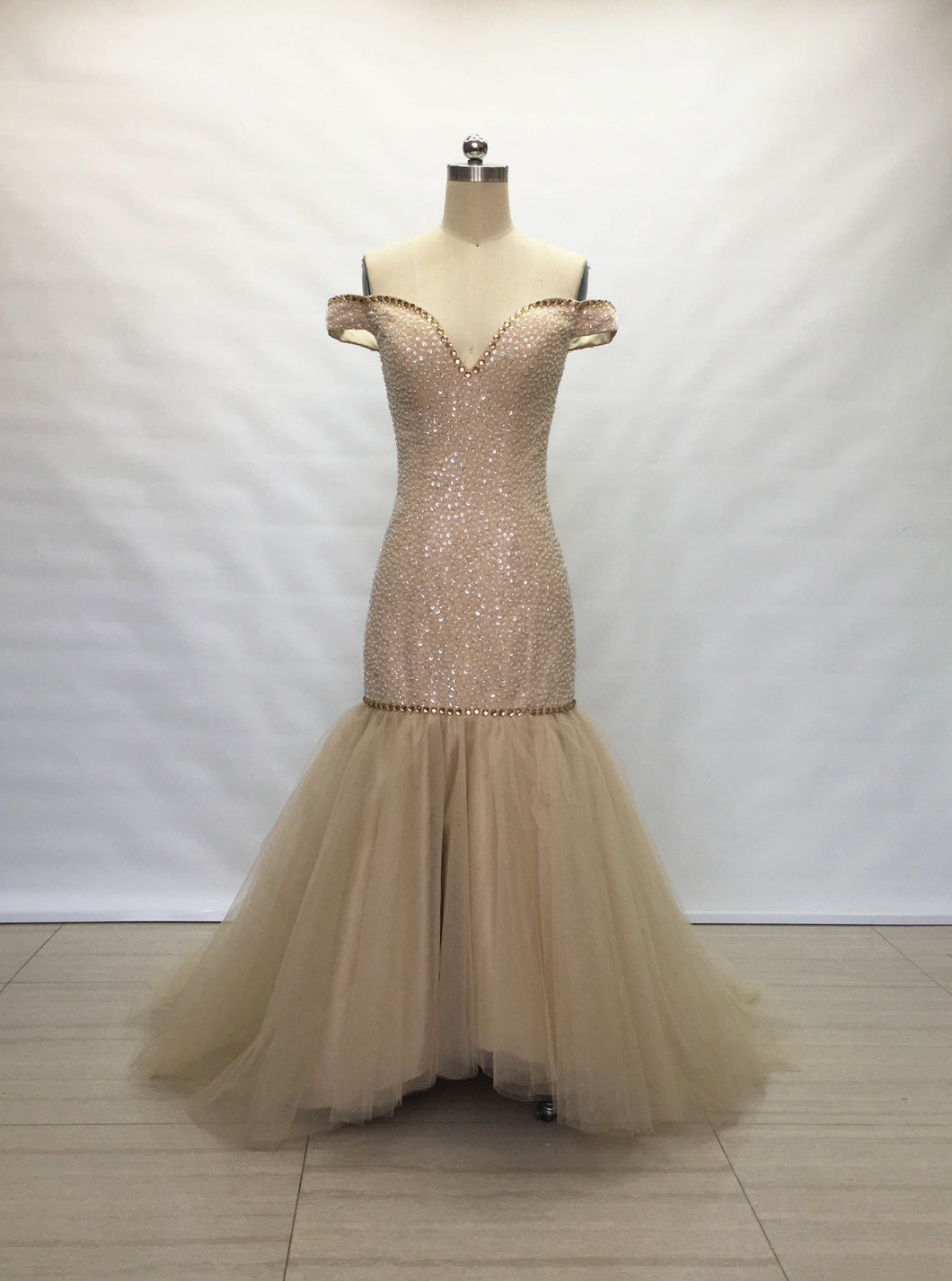 Off the Shoulder Champagne Tulle Long Prom Dress Mermaid