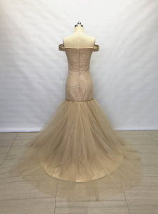 Off the Shoulder Champagne Tulle Long Prom Dress Mermaid