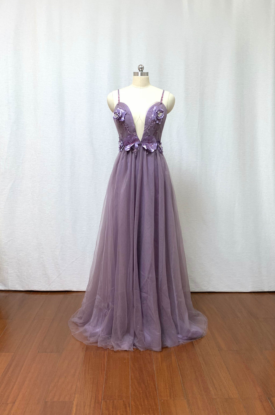 Spaghetti Straps Dusty Purple Tulle Long Prom Dress