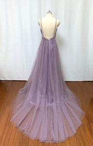 Spaghetti Straps Dusty Purple Tulle Long Prom Dress