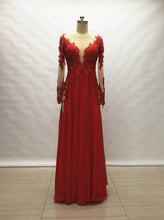 Load image into Gallery viewer, Red Chiffon Long Prom Dress with Long Sleeves