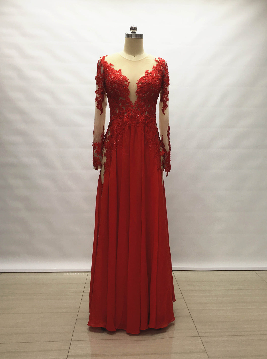 Red Chiffon Long Prom Dress with Long Sleeves