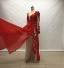 Load image into Gallery viewer, Red Chiffon Long Prom Dress with Long Sleeves