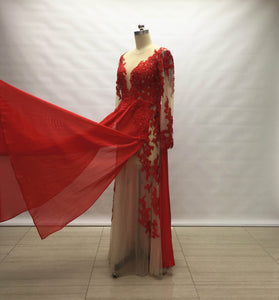 Red Chiffon Long Prom Dress with Long Sleeves