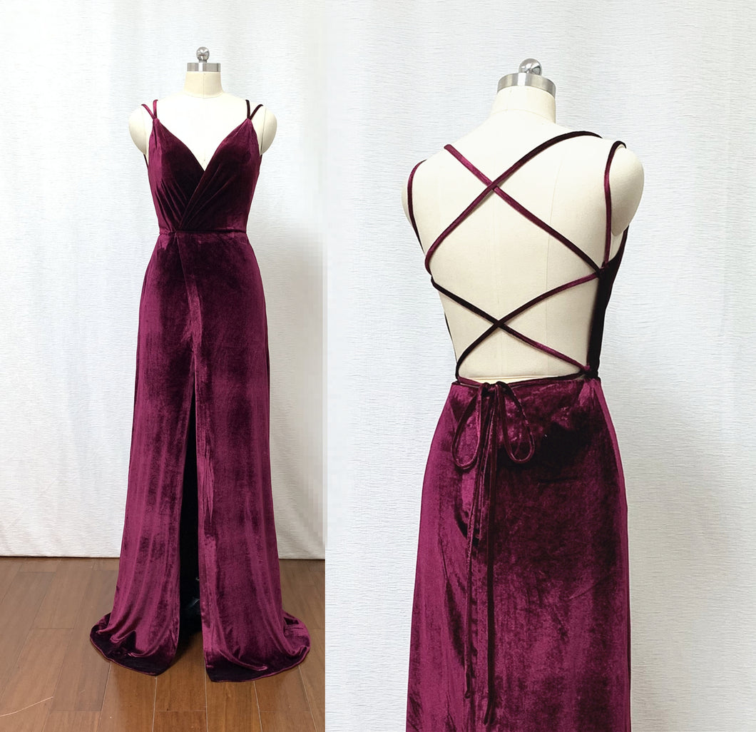 Sexy Spaghetti Straps Burgundy Velvet Long Prom Dress with Slit