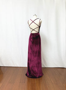 Sexy Spaghetti Straps Burgundy Velvet Long Prom Dress with Slit