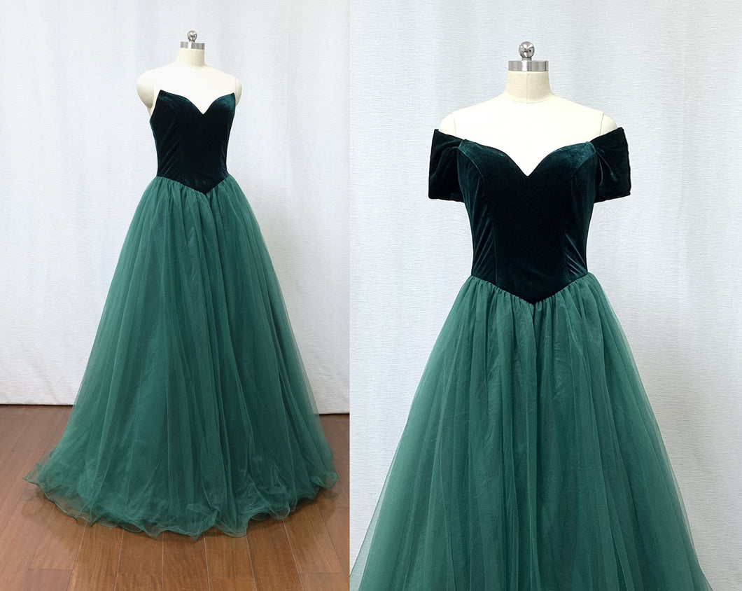 Ball Gown Dark Green Velvet Tulle Long Prom Dress with Detachable Off-the-shoulder Sleeves