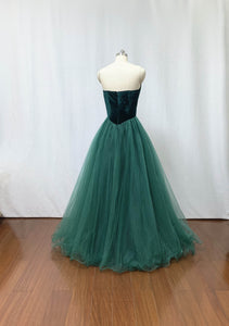 Ball Gown Dark Green Velvet Tulle Long Prom Dress with Detachable Off-the-shoulder Sleeves