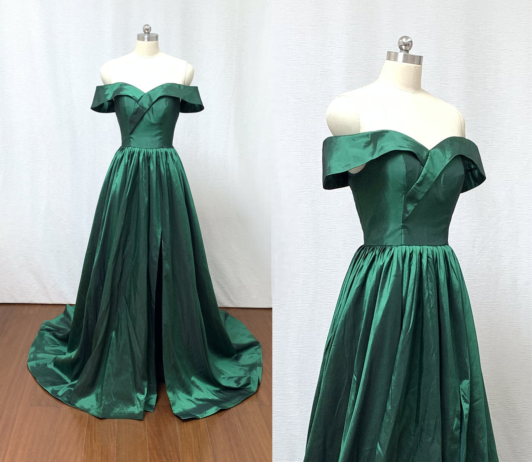 A-line Off the Shoulder Sweetheart Emerald Green Taffeta Long Prom Dress with Slit