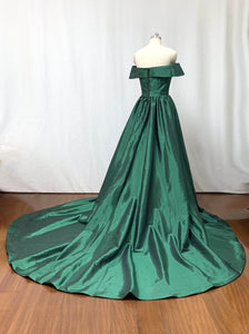 A-line Off the Shoulder Sweetheart Emerald Green Taffeta Long Prom Dress with Slit