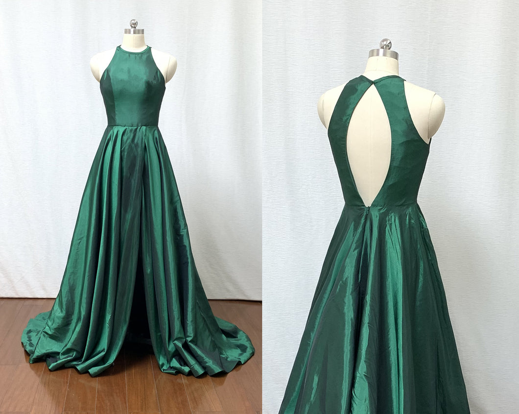 A-line Halter Emerald Green Taffeta Long Prom Dress with Slit