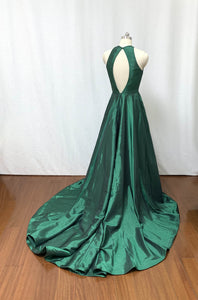 A-line Halter Emerald Green Taffeta Long Prom Dress with Slit