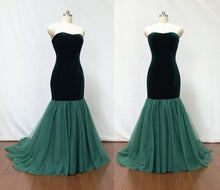 Load image into Gallery viewer, Mermaid Sweetheart Dark Green Velvet Tulle Long Prom Dress Corset Back