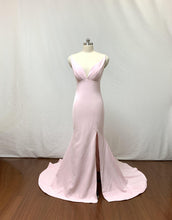 Load image into Gallery viewer, Deep V neck Pale Pink Elastic Satin Long Prom Dress with Slit