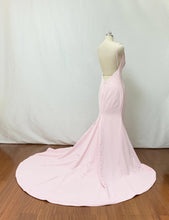 Load image into Gallery viewer, Deep V neck Pale Pink Elastic Satin Long Prom Dress with Slit