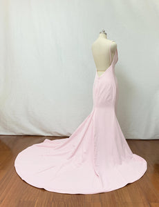 Deep V neck Pale Pink Elastic Satin Long Prom Dress with Slit