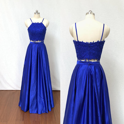 Two Piece Spaghetti Straps Royal Blue Lace Satin Long Prom Dress