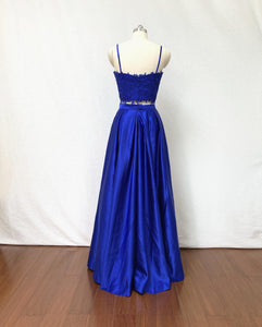 Two Piece Spaghetti Straps Royal Blue Lace Satin Long Prom Dress