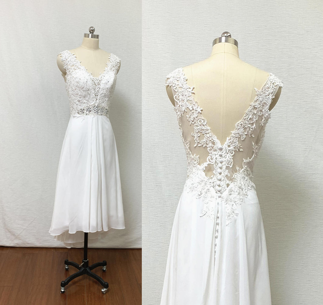 V-neck Ivory Lace Chiffon High Low Prom Dress