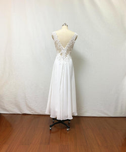 V-neck Ivory Lace Chiffon High Low Prom Dress