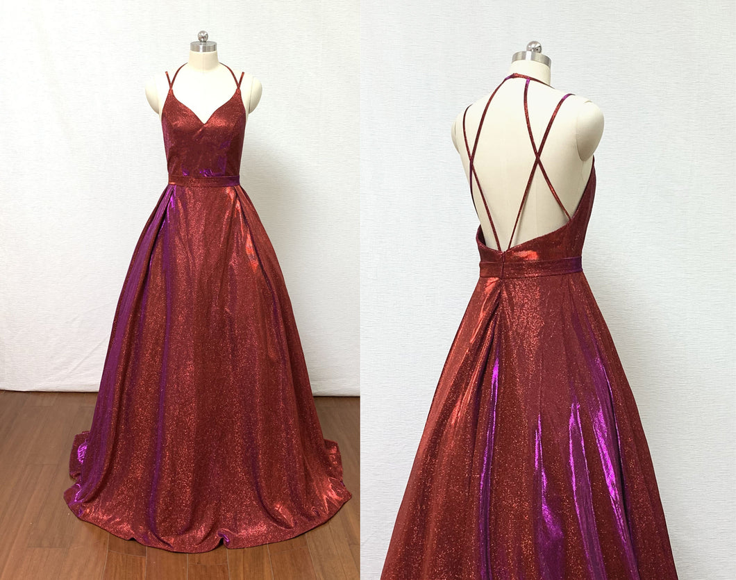 Spaghetti Straps Burgundy Glitter Long Prom Dress Ball Gown