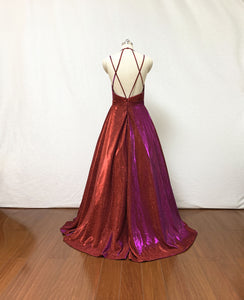 Spaghetti Straps Burgundy Glitter Long Prom Dress Ball Gown