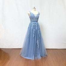 Load image into Gallery viewer, Dusty Blue Lace Tulle Long Prom Dress