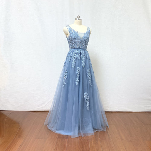 Dusty Blue Lace Tulle Long Prom Dress