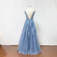 Load image into Gallery viewer, Dusty Blue Lace Tulle Long Prom Dress