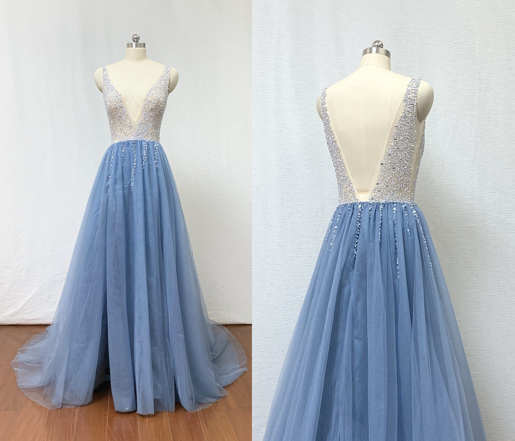 Beaded Dusty Blue Tulle Long Prom Dress with Slit