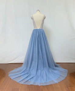 Beaded Dusty Blue Tulle Long Prom Dress with Slit