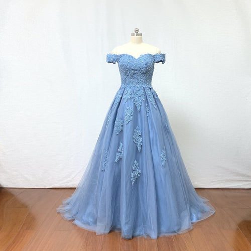 Ball Gown Dusty Blue Lace Tulle Long Prom Dress