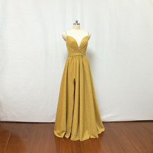 Load image into Gallery viewer, Spaghetti Straps Gold Glitter Long Prom Dress with Slit