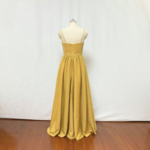 Spaghetti Straps Gold Glitter Long Prom Dress with Slit