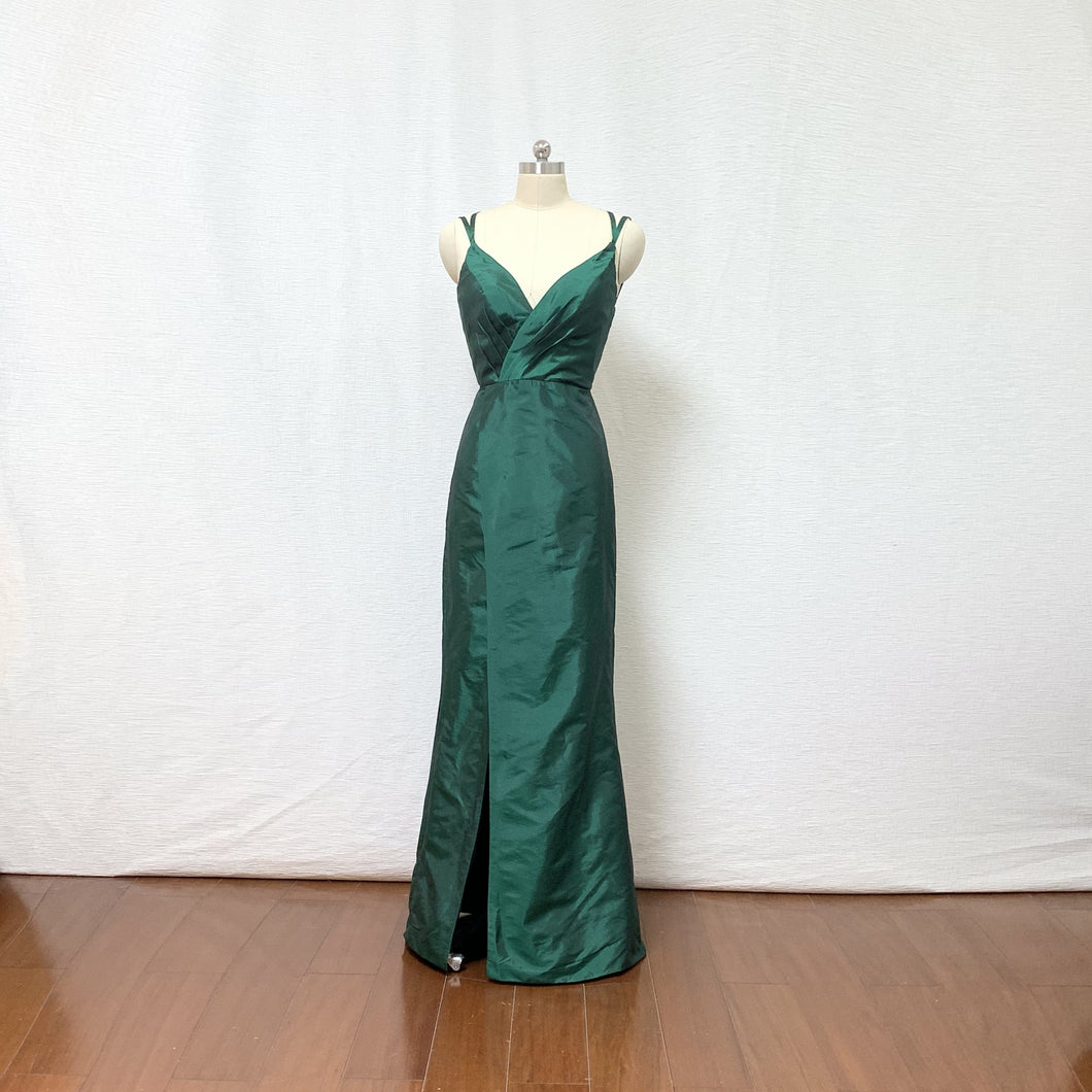 Spaghetti Straps Emerald Green Taffeta Long Prom Dress with Slit