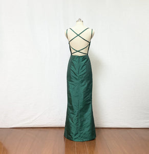 Spaghetti Straps Emerald Green Taffeta Long Prom Dress with Slit